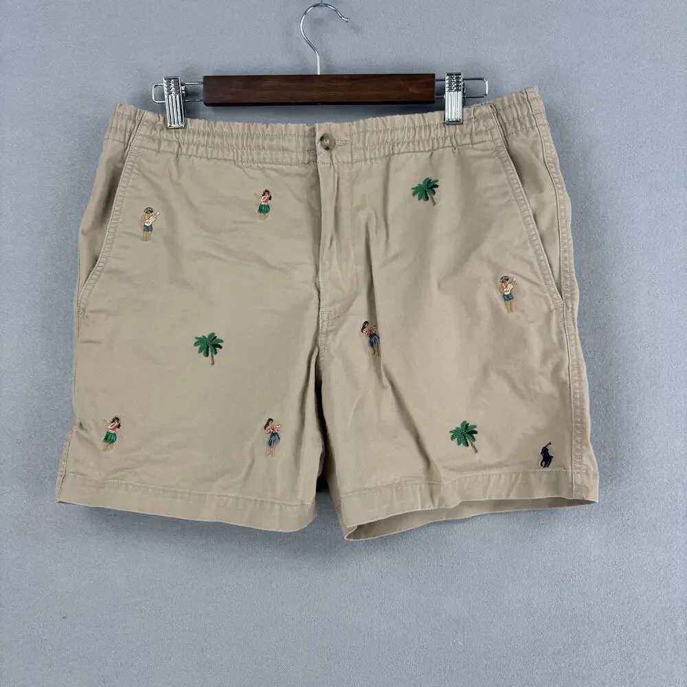 Polo Ralph Lauren Shorts Mens Medium Beige Chino Hula Embroidered 8